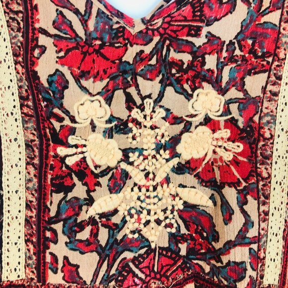 En Creme Mini Sundress Cover Up Sz Medium Embroidered Boho Rayon Red Orange - Picture 5 of 7